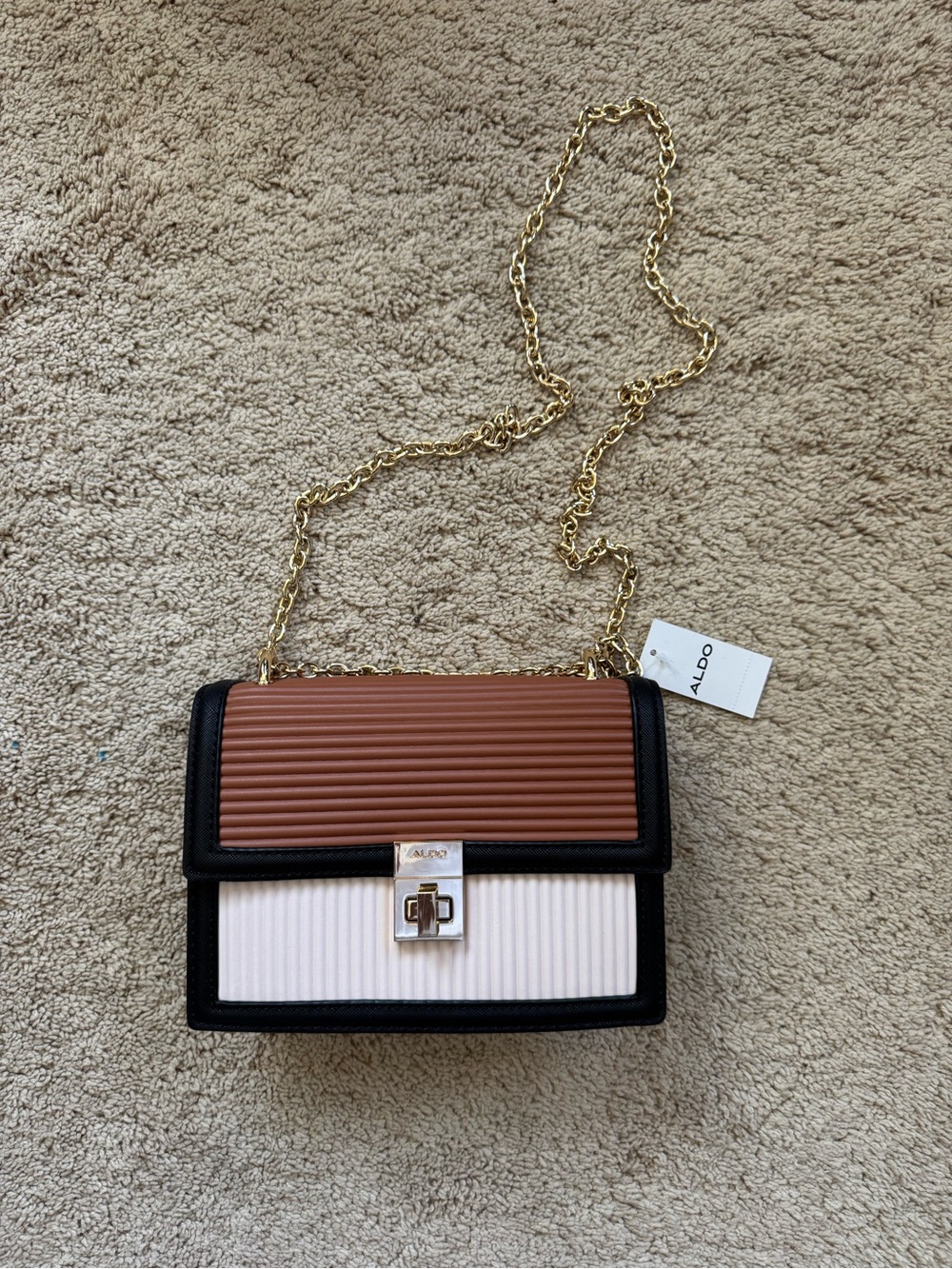 ALDO Ribbed Two-Tone Crossbody Bag in Brown, Cream & Black with Gold Chain